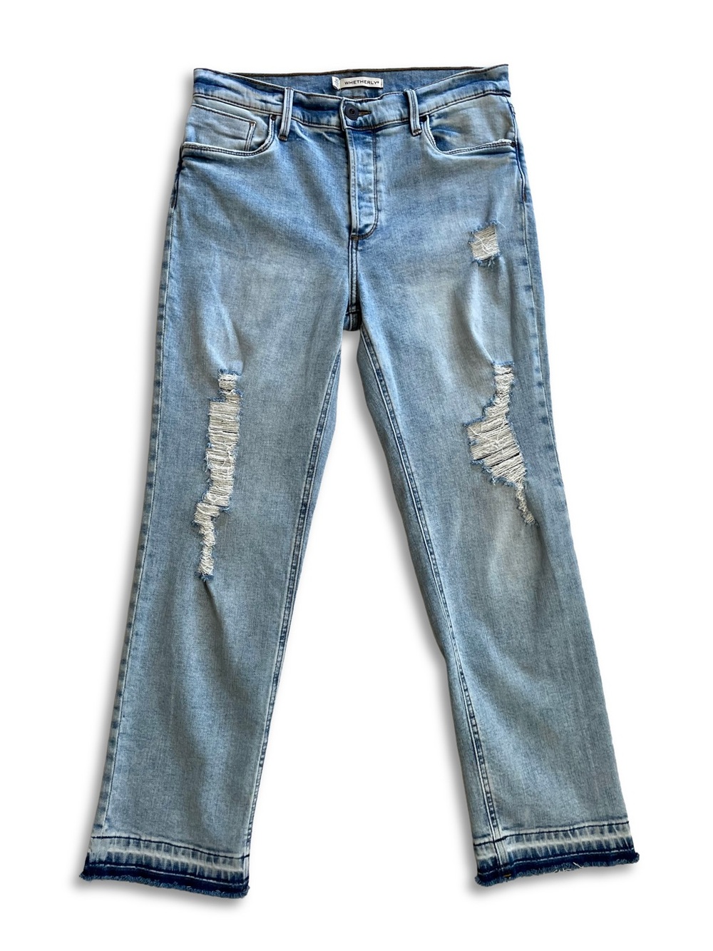 Whetherly Brandon Blue Denim High Rise Straight Leg Jeans Distressed Light Wash
